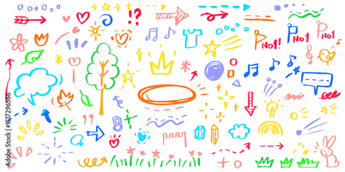 Hand drawn crayon child pencil style icon set. Cute rainbow, heart, crown, flower and sun in colorful kid doodle style. Chalk texture, cloud, smile, star and sketch figure for play or school design