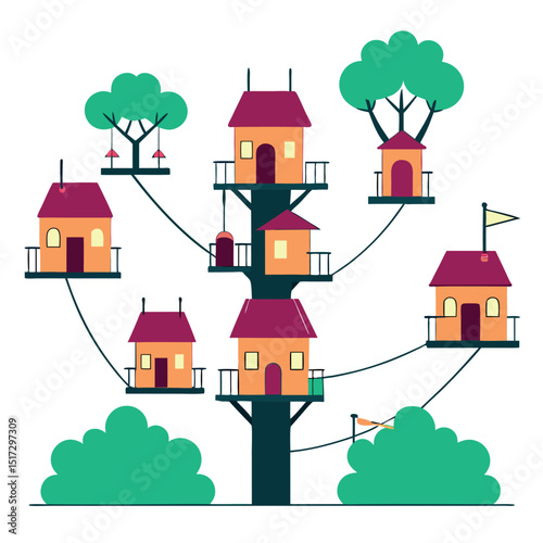 Enchanted Treetop Village A Whimsical Illustration of Tiny Houses in the Canopy