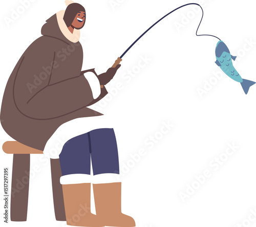 Eskimo man fishing vector illustration