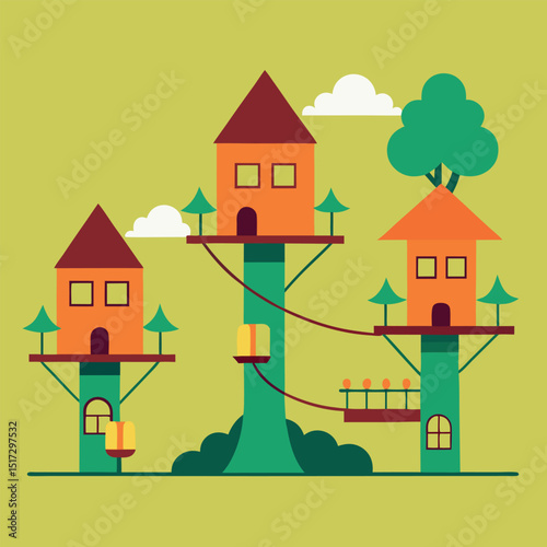 Enchanted Treetop Village Whimsical Illustration of Tiny Houses in the Trees