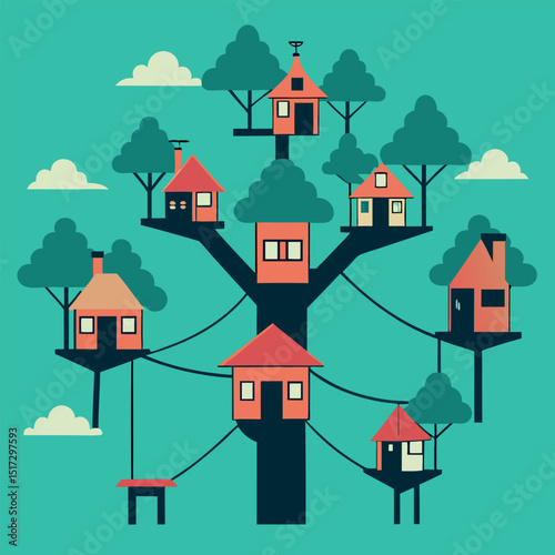 Enchanted Treetop Village A Whimsical Illustration of Houses in Trees