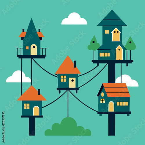 Whimsical Treetop Village Charming Connected Houses Illustration