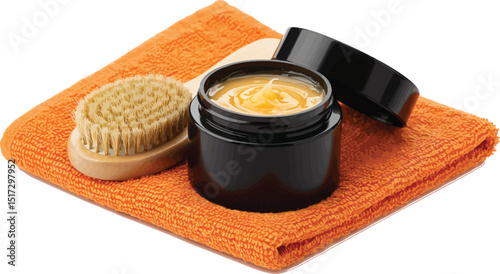 Black cosmetic container with golden skincare product and brush vector illustration