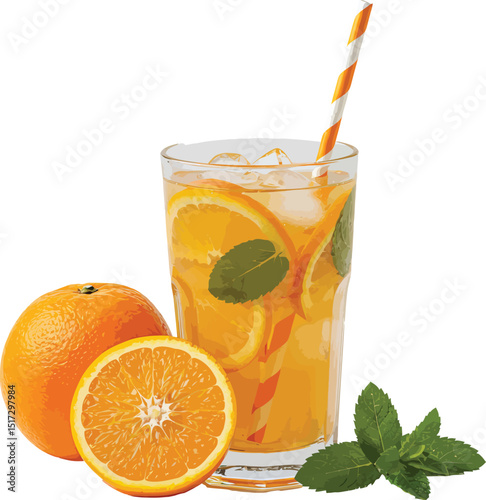 Citrus beverage with ice, orange slices, and mint, fresh summer drink vector illustration