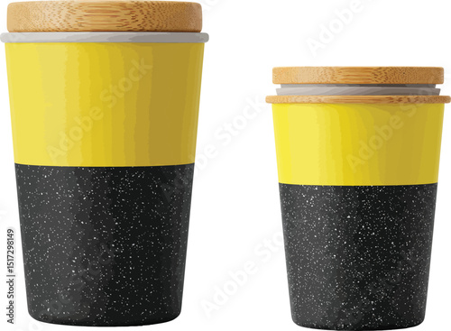 Reusable cup with wooden lid, yellow and black speckled modern design vector illustration