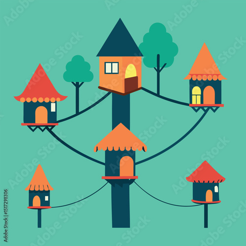 Enchanted Treetop Village A Whimsical Illustration of Connected Tree Houses