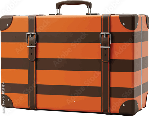 Square suitcase with orange and brown stripes, vintage travel accessory vector illustration