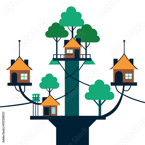 Enchanted Treetop Village A Whimsical Illustration of Connected Tree Houses