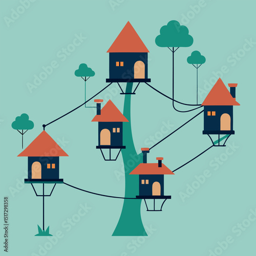 Enchanted Treetop Village A Whimsical Illustration of Connected Tree Houses