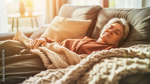 Relaxed young woman sleeping peacefully on comfortable sofa with cozy blanket, enjoying quiet afternoon nap at home. Rest, relaxation and self care lifestyle concept.