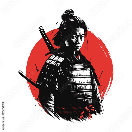 Detailed hand drawn illustration of a Japanese women samurai