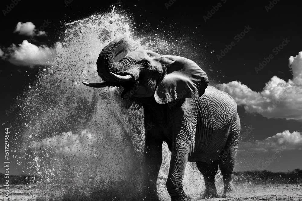 Obraz premium Elephants playfully splash water in Tsavo East National Park during a sunny afternoon, Elephants throw water in the reserve of tsavo