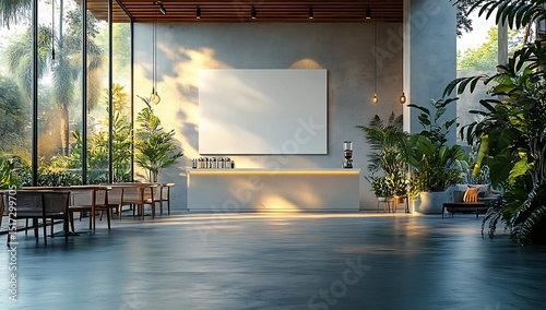 Modern interior mockup with blank wall wooden ceiling and lush plants

