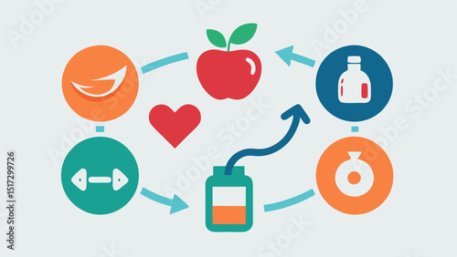 Healthy Lifestyle Icons A collection of icons symbolizing healthy lifestyle choices like balanced diet exercise and sleep with arrows pointing towards an illustration of a heart.