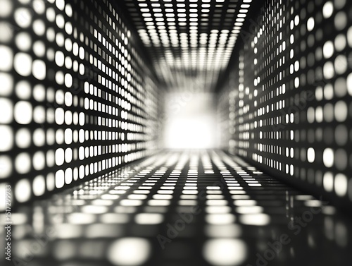 Abstract monochrome corridor illuminated by repeating pattern of lights