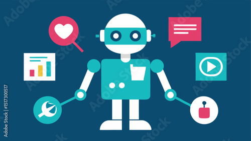 Automated Scanning A conveyer belt of social media updates with an AI robot scanning each post with a laser categorizing them as safe or harmful showing the automation of content