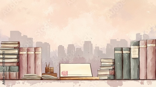 Digital workspace with open laptop surrounded by books and notebooks on a bookshelf overlooking city skyline with soft sunset background in a cozy study area