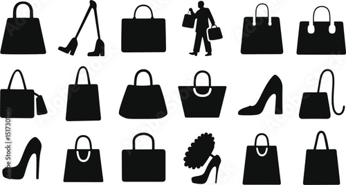 Collection of Diverse Shopping Bag and Shoe Icons Vector Illustrations for Retail, E-commerce, and Fashion Designs