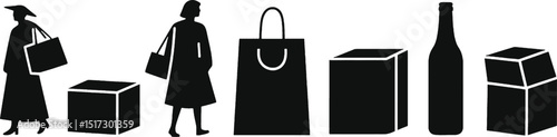 Silhouette Vector Illustration People Shopping, Carrying Boxes and Bags, Bottle and Package