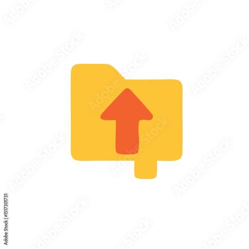 This is a simple and modern upload icon illustration featuring a yellow folder with an orange arrow pointing upwards, symbolizing file transfer and data uploading.