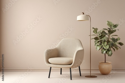 Minimalist beige room features a plush armchair, a floor lamp with a cream shade, and a fiddle-leaf fig in a terracotta pot against a muted pink wall