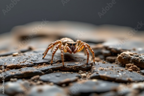 single spider on a layered rock, dark background