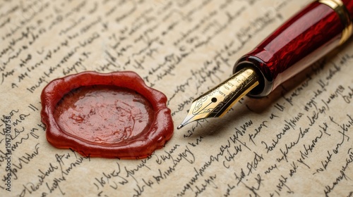 Close-up of a fountain pen with a red ink nib resting on a handwritten letter with a wax seal impression on aged paper, captu vintage writing tools and epistolary art
