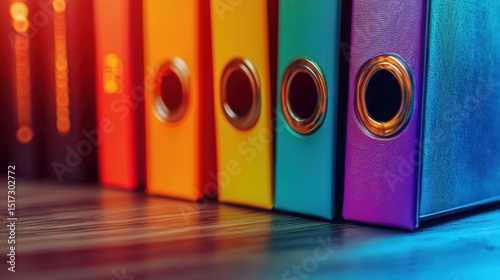 Colorful binders arranged in a row showcasing vibrant colors and detailed textures, perfect for office supplies, organization, stationery, and colorful workspaces