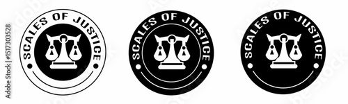 Black and white illustration of scales of justice icon in flat. Stock vector.
