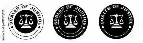 Black and white illustration of scales of justice icon in flat. Stock vector.