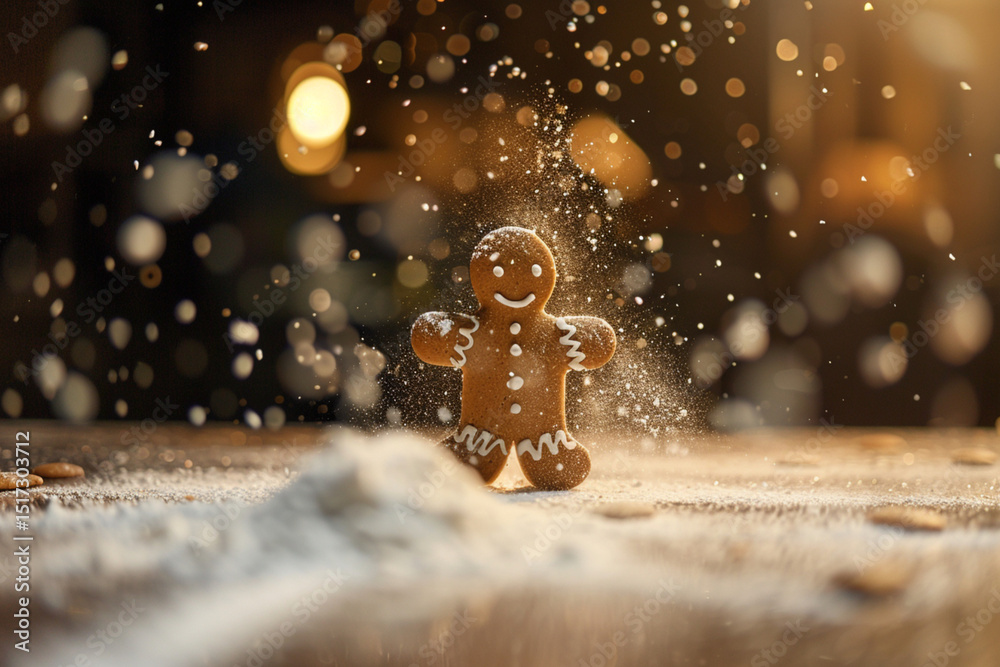 Christmas gingerbread cookies a man walks across the table where white flour is poured blurred background of bokeh Christmas gingerbread cookies a man walks across the table where white flour is poured blurred background of bokeh