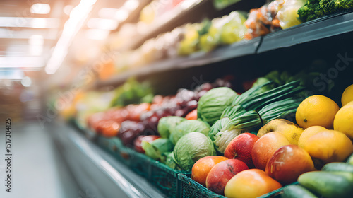 Colorful assortment of fresh fruits and vegetables neatly displayed in a contemporary supermarket aisle, showcasing healthy eating and grocery shopping concepts.