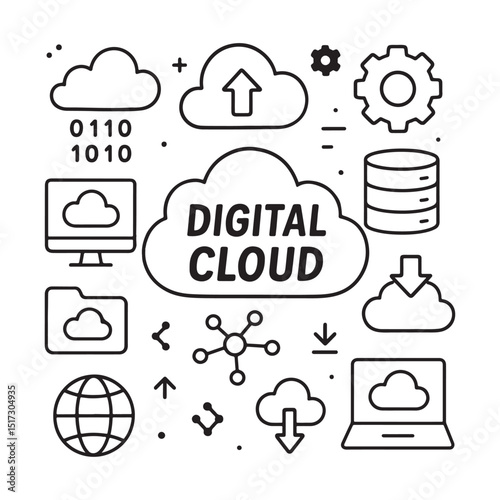 Digital Cloud Computing Line Art Illustration