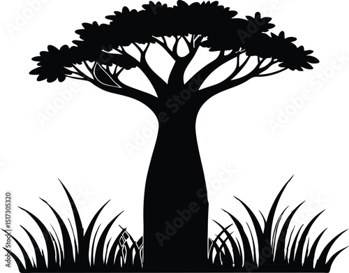 Baobab tree grass silhouette, Stunning landscape with a line of majestic baobab tree silhouette, against a golden sunset sky silhouette vector illustration