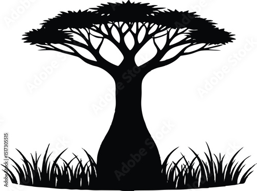 Baobab tree grass silhouette, Stunning landscape with a line of majestic baobab tree silhouette, against a golden sunset sky silhouette vector illustration