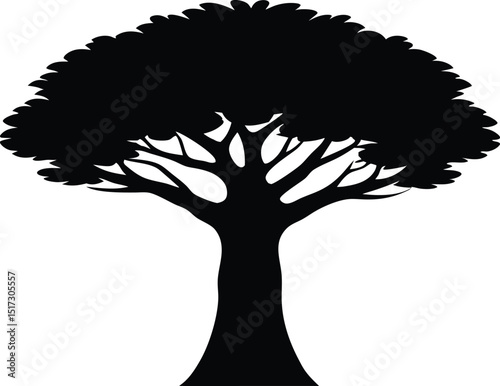 Baobab tree grass silhouette, Stunning landscape with a line of majestic baobab tree silhouette, against a golden sunset sky silhouette vector illustration