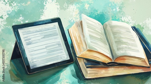 Digital Tablet and Traditional Open Book on Desk in Bright Setting for Reading Study or Learning Environment