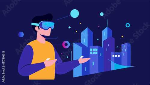 Augmented Reality Experience A person wearing AR glasses interacting with virtual elements in an urban setting while connected to fast 5G data illustrated with glowing data