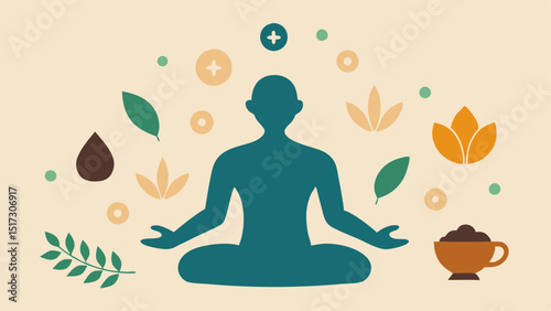 Holistic Harmony A silhouette of a meditative person surrounded by symbols of yoga meditation and herbs portraying holistic approaches to health.