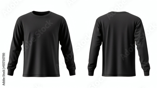 Plain black long sleeve casual t-shirt 3D mockup with a rubbed hand, showcasing front and back views for apparel design on white background.