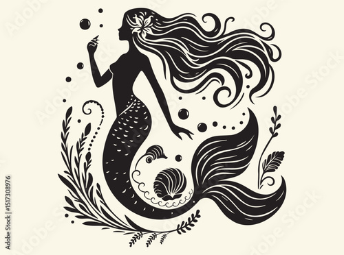 Mermaid Silhouette Mermaid SVG Symbolizing Mythical Beauty and Oceanic Enchantment Underwater SVG Black vector Art Design