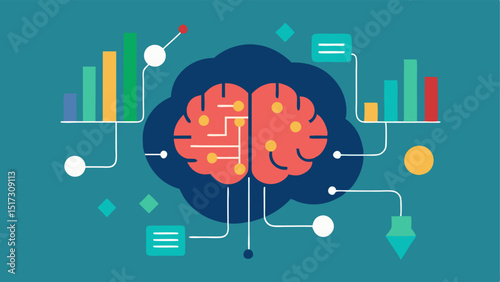 AI Brain A stylized illustration of a brain enhanced with circuit patterns symbolizing AI intelligence surrounded by charts and graphs representing data analytics.