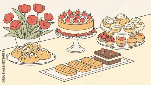 beautifully arranged table with array of desserts and flowers, creating delightful atmosphere