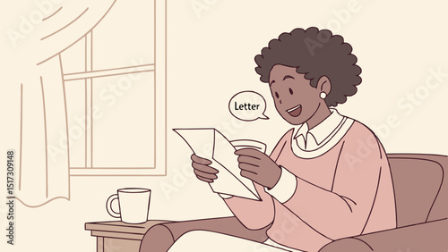 woman is sitting in her living room, reading letter with joy