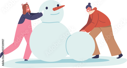 Children rolling snowballs for snowman