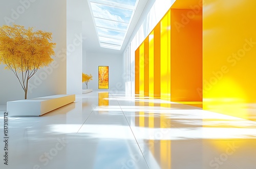 Hallway mockup with yellow walls white flooring and orange tree

