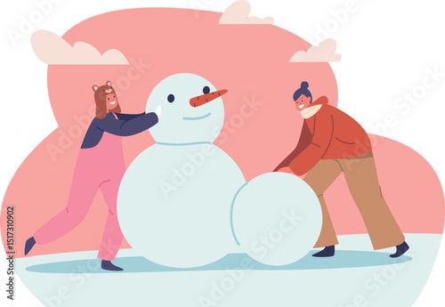 Kids modeling snowman from snowballs