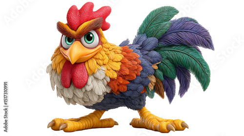 A Playful 3D Farm Rooster Character with Multicolored Feathers Bringing Cheer and Vibrancy to Your Clipart Collection in PNG Format for Creative Projects