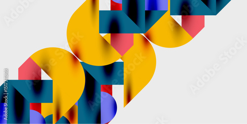 Abstract geometric shapes overlap, creating vibrant color blocks. Yellow dominates, contrasted by blues, pinks, purples. Modern design.