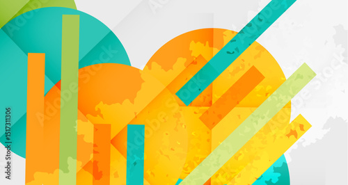 Abstract geometric composition. Bright orange, teal, green rectangles overlap circles. White background creates dynamic visual effect.